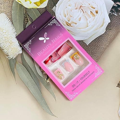 FIEONCIY Press on Nails Duck Shaped Glossy Full Cover Acrylic French False Nails with Designs Artificial Medium Duck Fake Nails with Charms Glue ons Fingernails for Women Girls(YZ22) thumbnail 6