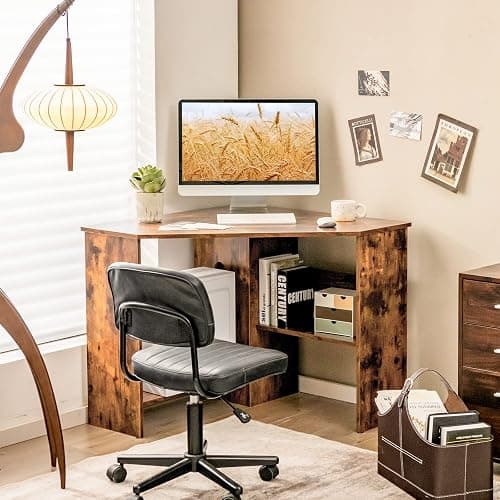Tangkula Corner Desk, 90 Degrees Triangle Computer Desk for Small Space, Bedroom Makeup Vanity Desk with Storage Shelves & CPU Stand, Space Saving thumbnail 3