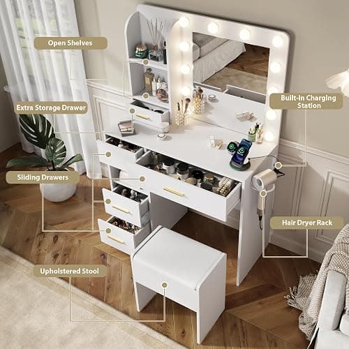 Furnivado Vanity Desk with Mirror and Lights, 3 Adjustable Lighting Makeup Vanity Desk with 3 Storage Shelves, 5 Large Drawers and Power Outlet, Vanity with Chair for Bedroom, White thumbnail 4