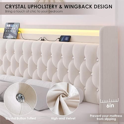HIFIT King LED Bed Frame with Charging Station and 4 Storage Drawers, Velvet Upholstered Platform Bed with Handcrafted Crystal Button Wingback Headboard, Metal Frame with No Box Spring Needed, Beige thumbnail 6