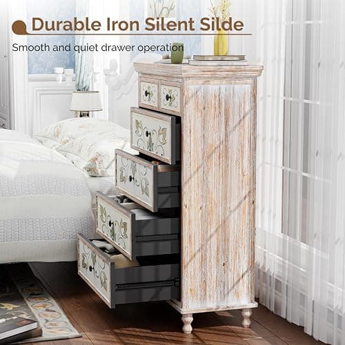 VINGLI Dresser Wood Chest of Drawers for Bedroom, Tall Dresser, Boho Dresser 6 Drawer Chest, Wooden Dresser with Drawers and Solid Wood Legs, Rustic Dresser, Washed White - 15"D x 29.9"W x 46.5"H (6 Drawers) - Washed White thumbnail 7