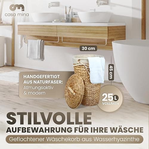 Casa Mina® Wäschekorb mit Deckel | Atmungsaktiver Wäschekorb geflochten aus 100% Naturfaser I Robuster Wäschesammler mit Griffen & waschbarem Innensack I Wäschekörbe (Natur, 30 x 44cm) thumbnail 3