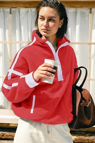 Panadila Womens Half Zip Sherpa Fleece Pullover Soft Oversized Sweatshirt with Pockets Warm Fuzzy Sweater thumbnail 4