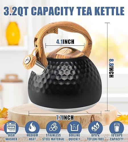 Foedo 3.2Qt Stainless Steel Whistling Tea Kettle Stovetop, Black | Loud Whistling Spout, Cool Touch Wood Grain Handle, Rustproof Food Grade Steel, Compatible With All Stovetops thumbnail 3