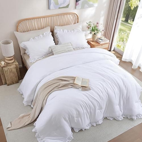 JANZAA Twin Comforter Set White Comforter Ruffled Comforter Set Soft Twin Size Bed Set Vintage Farmhouse Bed Comforter Set Fluffy Shabby Chic Bedding with 1 Pillowcase thumbnail 6