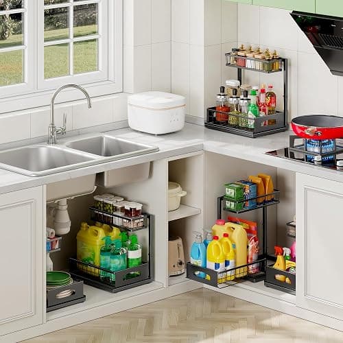 Under Sink Organizer , 2 Pack Height Adjustable Cabinet Organizer with Slide Out Drawer, Pull Out Under Sink Storage, Multi-Purpose 2 Tier Sink Shelves for Kitchen Bathroom Pantry (Black, 2 Pack) thumbnail 6
