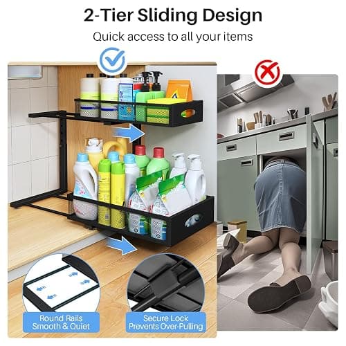 Under Sink Organizer, 2 Pack 2 Tier Pull Out Under Cabinet Organizer Shelf with Pad for Framed Cabinets, Metal Slide Out Under Sink Storage, Mesh Sliding Drawers for Kitchen Bathroom Laundry, Black thumbnail 5