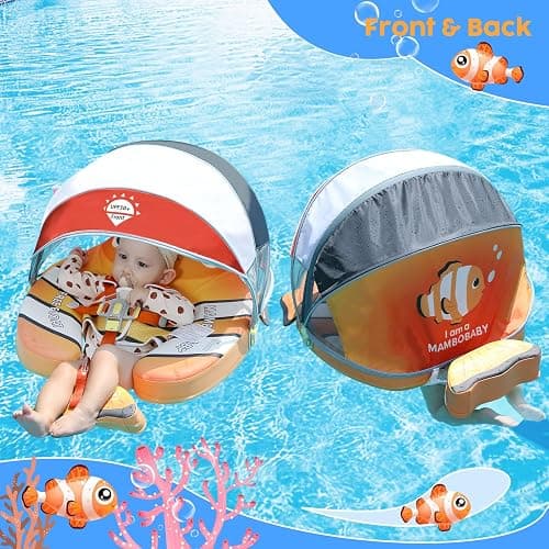Mambobaby Baby Pool Float with Canopy, Non-Inflatable Infant Baby Swim Float Trainer with Safe Seat & Tail Support for Toddler, Mambo Baby Float Solid UPF 50+ Sun Protection thumbnail 8