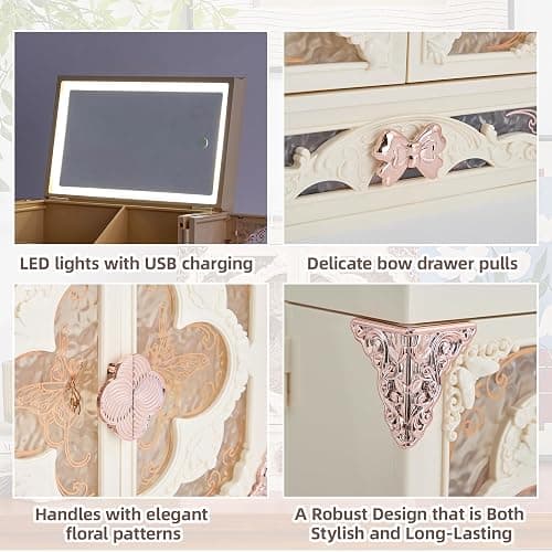 Large Cosmetic Mirror Storage Box with LED Light Cosmetics Organizer Box, Vintage Style Storage Box Dustproof Waterproof Bathroom Counter Storage for Skincare Lipstick Makeup Brushes Gifts(White) thumbnail 6