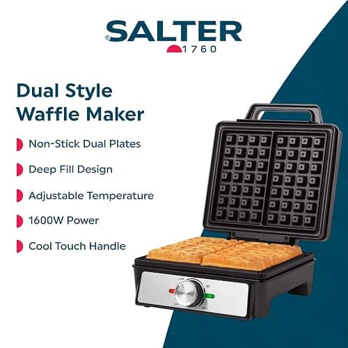 Salter Waffle Maker Machine – Non-Stick Dual Waffle Iron Plates, Deep Fill Belgian & American Waffle Machine, Adjustable Temperature Control, Cool Touch Handle, Savoury Snacks & Desserts, 1600W thumbnail 3