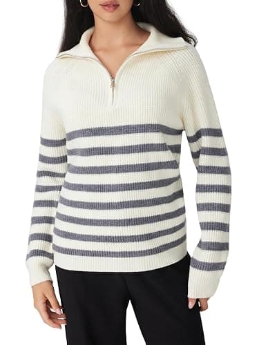 CIDER Women's Striped Quarter Zip Pullover Sweater Mock Neck Knit Fall Fashion Casual Sweater thumbnail 6