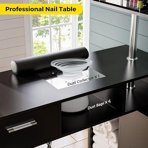 Kikihouse Manicure Table Nail Desk with Stool, Rotating L-Shaped Nail Tech Desk with Dust Collector, Two-Way Drawer, Cabinet & Storage Shelves, Reversible Manicure Workstation on Wheels (Black) thumbnail 4