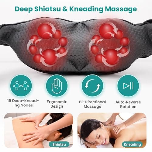 Nekteck Shiatsu Back Neck Massager, Deep Kneading Shoulder Massager with Heat, Waist Massage Pillow for Home Car and Office Use (Black) thumbnail 2