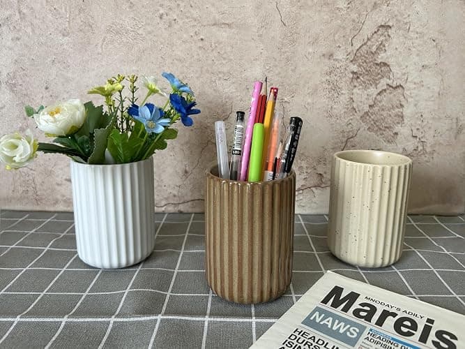 TOPYOKK Stoneware Coffee Bar Utensil Holder Tea & Coffee Spoon & Stirrer Holder for Stir Stick Straw Teaspoon Holder Spoon Cup Small Utensil Jar Fluted Vertical Stripe (Rustic Brown) thumbnail 5