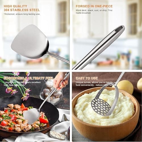 Stainless Steel Kitchen Utensils Set 18 10 Stainless Steel Cooking Utensils Set - 12 PCS Large Metal Cooking Utensil Tools Set thumbnail 4