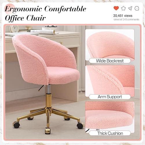 KCC Faux Fur Makeup Vanity Chair,Home Office Desk Chair with Wheels, Blue | Fluffy Swivel Modern Armchair Upholstered Fuzzy Height Adjustable for Teens Women Girls Elegant for Living Room Bedroom thumbnail 5