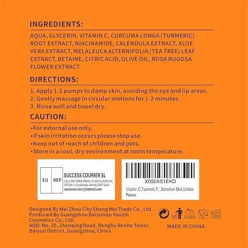Vitamin C Turmeric Foaming Face Wash, Foaming Cleanser for Skin Tone, Reduces Fine Lines & Wrinkles, Exfoliating Face Wash, Turmeric Facial Cleanser for Dark Spot, Uneven Skin Tone, Unisex 110ml thumbnail 9
