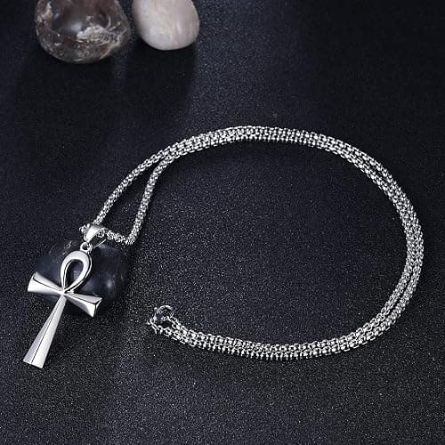 Ancient Egyptian Coptic Ankh Cross Pendant Necklace for Women Men 24" Chain | Ankh Cross Pendant 24 Inch Stainless Steel Chain Colour:Black Gold Silver thumbnail 3