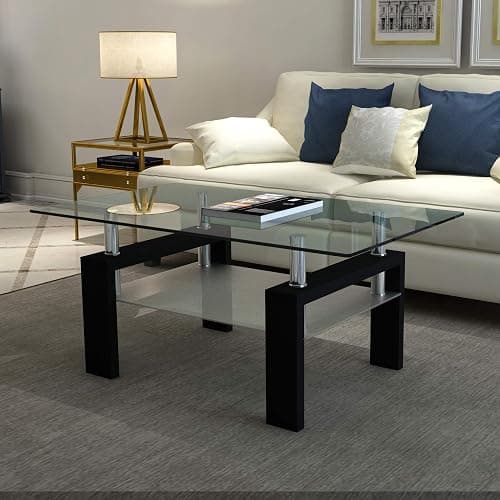 IANIYA Coffee Table with Metal Tube Legs, Glass and Rectangle End Table for Livingroom (Black) thumbnail 2