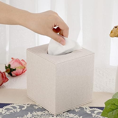 Sumnacon Square Linen Tissue Box Cover - Stylish Cube Tissue Box Holder with Magnetic Bottom, Decorative Tissue Box for Vanity Toilet Tank Dresser Night Stand Table Countertop Office Car, Beige thumbnail 2