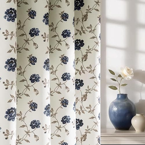 Beauoop Floral 100% Blackout Curtains 84 Inches Long 2 Panels for Bedroom Living Room Blue Brown on Beige Vintage Rose Flower Patterned Room Darkening Thermal Soundproof Grommet Window Drapes, 52X84 - Image 1