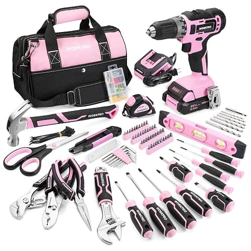 WORKPRO Pink Tool Kit with Drill, Tool Set with 20V Cordless Lithium-ion Drill Driver, Pink Drill Set for Women, 157PCS Home Tool Kit, Lady's Repairing Kit with 14-Inch Storage Bag - Pink Ribbon - Image 1