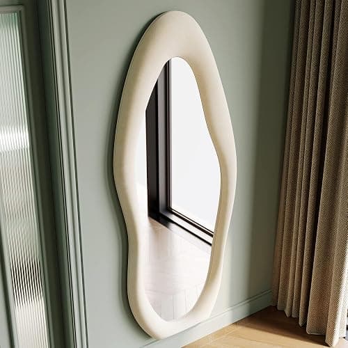 Honyee Full Length Mirror, 63" x 24" Wall Mirror, Flannel Wrapped Wooden Frame Full Body Mirror, Irregular Wavy Mirror Hanging or Leaning Against Wall for Cloakroom/Bedroom/Living Room, Ivory White thumbnail 4