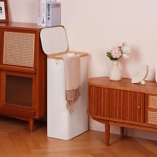 efluky Panier à Linge étroit 63L, Panier à Linge Mince avec Couvercle, Beige Bac à Linge Pliable avec Poignées en Bambou et sac Amovible pour Chambre, Salle de Bain, Buanderie - Beige - 63L thumbnail 7
