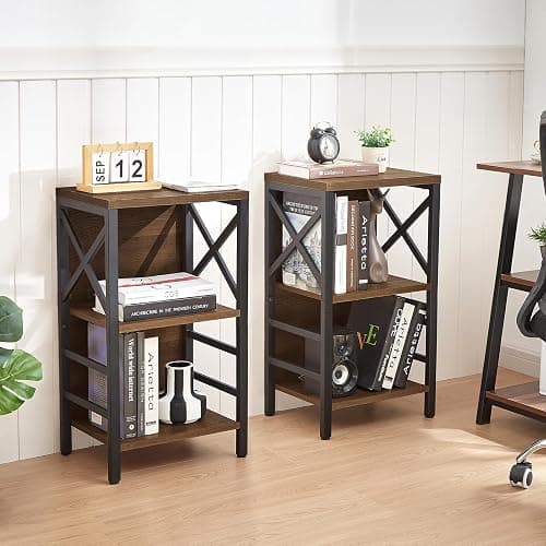 MNEETRUNG Small Bookshelf,3 Tier Industrial Bookcase with Metal Frame and Backboard,Low Rustic Brown Book Shelf,Book case for Small Spaces,Living Room,Bedroom and Home Office thumbnail 5