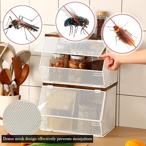 Teenyyou 2 Pcs Stackable Mesh Fruit Basket with Lid Wall Produce Vegetable Storage Basket Onion Potato Snack Hanging Metal Wire Container for Kitchen Counter Pantry(Non-removable,White,7.1"w & 11.8"l) thumbnail 5
