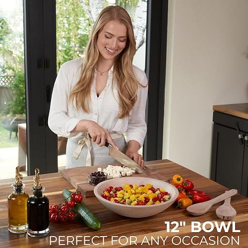 KIBAGA Extra Large Wooden Salad Bowl Set With Serving Utensils - A Beautiful Party Salad & Fruit Bowl With Serving Spoons Perfect for Your Dinner Party - Decorative & Practical Kitchen Must-Have thumbnail 3