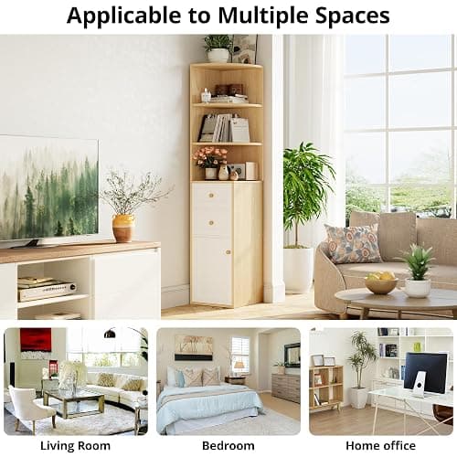 IRONCK Corner Bookshelf and Bookcase, 71" H Wooden Book Shelves 3 Tier with Drawers and Storage Cabinet for Living Room, Office, Bedroom, Oak and White thumbnail 7