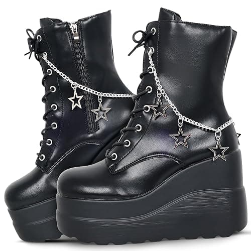 Gothniero Platform Goth Ankle Boots for Womem Black Holographic Combat Chunky Heel Boots with Side Zip Lace Up Wedge Booties US5.5-11 - Image 1