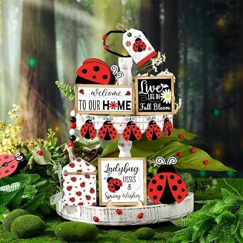 20 Pcs Ladybug Tiered Tray Decorations Spring Ladybug Wooden Blocks Sign Farmhouse Decorative Trays Red Ladybird Table Top Decor for Spring Decorations Home Kitchen Shelf Display Holiday Housewarming thumbnail 2