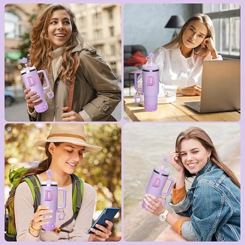 Miglaja Purple Accessories for Stanley Cup 30OZ 40OZ, All Accessories Gift Box Contain Flower Straw Topper, Sillicone Boot, Letter Stickers and Pendants,Spill Stopper Set (Purple D) thumbnail 6