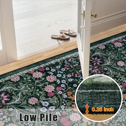 8x10 Area Rugs for Living Room: Floral Washable Rug Vintage Large Soft Boho Non-Slip Carpet Indoor Floor Stain Resistant Carpets for Bedroom Dining Room Farmhouse Nursery Home Office Dark Green thumbnail 8