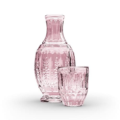 Zanzer 33.8 Oz Carafe Set with Glass Tumbler, Vintage Bedside Glassware for Water or Juice - Unique Antique Pitcher - Beautifully Etched Carafe & Tumbler Duo for Home Decor & Gifting (Pink) thumbnail 3