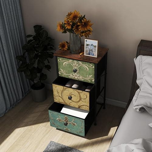 Tohomeor Small Dresser for Bedroom with Retro Flower Narrow Drawers Slim Chest of Drawers Skinny Nightstand Sofa End Table for Living Room Entryway Closet Storage (Multi, 3 Drawers) thumbnail 4