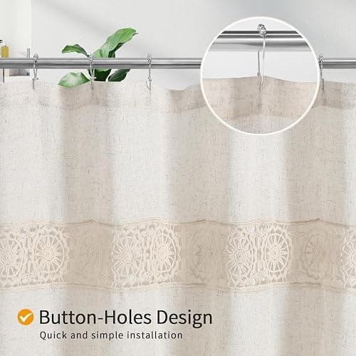 Gibelle Boho Farmhouse Shower Curtain Set, Linen Cotton Fabric Shower Curtain with Macrame Lace Decor, Modern Bohemian French Country Chic Bathroom Curtain with PEVA Liner 72x72 - Beige/Cream thumbnail 5