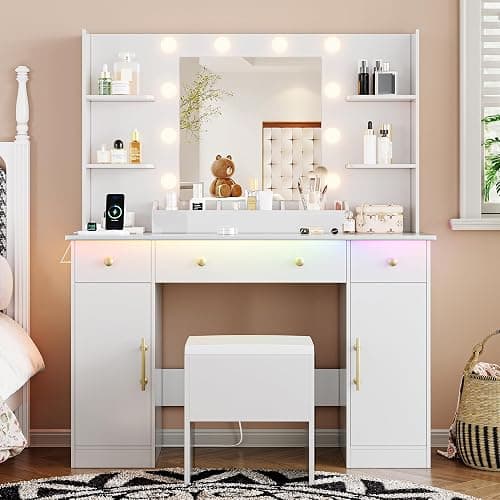 Xixini Vanity Desk with Mirror and Lights, 43'' White Makeup Dressing Table Set with 5 Drawers & Chair, Power Outlet, 3 Lighting Modes Adjustable Brightness & RGB LED for Women Girls Bedroom Bathroom - Image 1