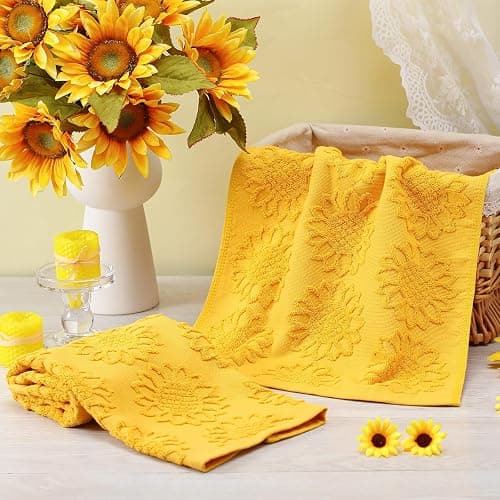 SmoothNovelty 2 Pcs Yellow Sunflower Hand Towels 100% Cotton Jacquard Weave | Bath Towel Set Soft Absorbent Dish Washcloth for Bathroom Kitchen Summer Theme Gifts, 13.8x29.5 Inch thumbnail 5