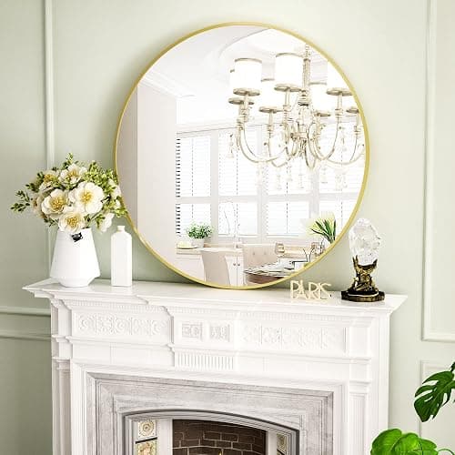 VooBang Gold Round Bathroom Mirror, 28 inch Circle Wall Mounted Hanging Mirror with Simple Modern Circular Metal Frame for Hallway, Entryway, Living Room, Gold Frame thumbnail 5