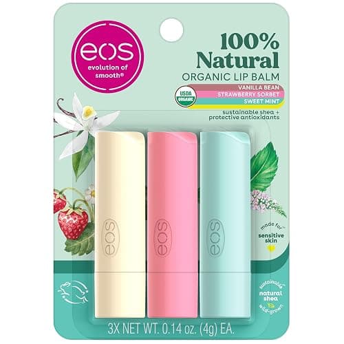 eos 100% Natural & Organic Lip Balm Trio- Vanilla Bean, Sweet Mint, & Strawberry Sorbet, Made for Sensitive Skin, Lip Care Products, 0.14 oz, 3-Pack - Image 1