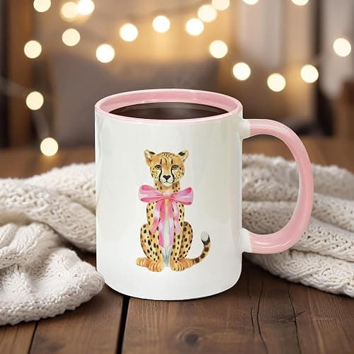 Foyoulame Pink Bow Decor Leopard Coffee Mugs - Leopard Mug, Preppy Coquette Cheetah Coffee Teacup, Trendy Girly Gifts for Women Girls, Pink Preppy Coquette Bow Cheetah Ceramic CoffeeMug 11oz thumbnail 4