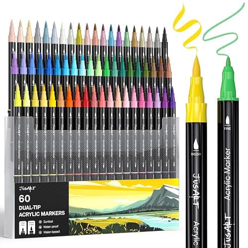 JusArt 60 Colors Dual Tip Acrylic Paint Pens Markers, Brush and Fine Tip, Premium Paint Pens for Wood, Canvas, Egg, Stone, Fabric, Rocks, Metal, Glass, Ceramic, DIY Crafts Making Art Supplies Gifts - Image 1