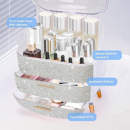 Ptesly Teen Girls Gift Makeup Organizer, Skincare & Jewelry Storage, Cosmetics Display Case, Makeup Holder, Bathroom Organizer (Bling Rhinestone) thumbnail 4