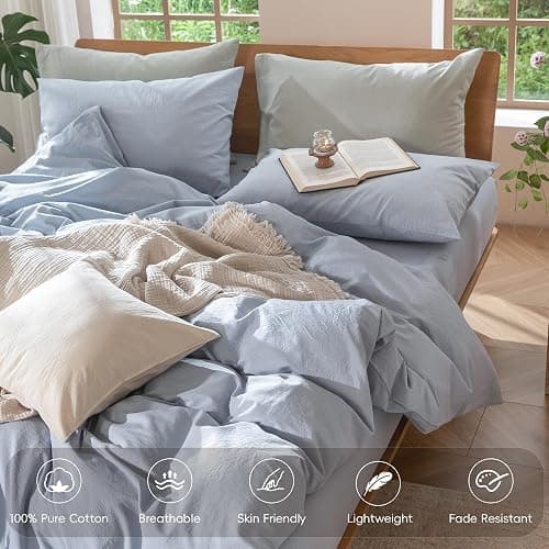 MooMee Bedding Duvet Cover Set 100% Washed Cotton Linen Like Textured Breathable Durable Soft Comfy (Heathered Cornflower Blue, Twin 68"x90") thumbnail 4