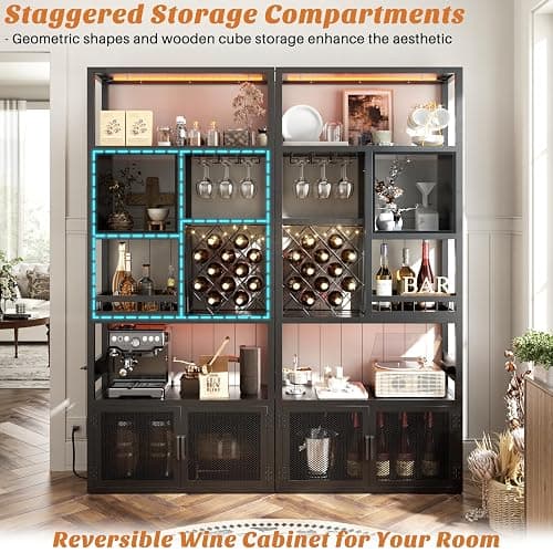 Armocity 82.6" Tall Bar Cabinet with Power Outlets & LED Lights, Liquor Cabinet Bar for Home, Reversible Coffee Station Wine Cabinet with Glass Holder & Wine Rack for Small Space, Black thumbnail 5