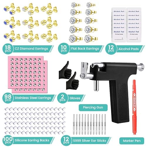Zygc Professional Ear Piercing Kit with 63 Pairs of Cubic Zirconia Diamond Ear Stud Earrings with Multi Purpose Black Reusable Ear Piercing Gun Silver Sticks for Salon & Home Piercings Gold thumbnail 2