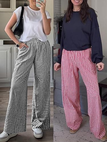 ANRABESS Womens Striped Gingham Wide Leg Palazzo Pants with Pockets | Smocked High Waisted Pajama Pants, Lounge & Casual, Fall Spring Summer Loungewear, Cute Pj Pants thumbnail 7